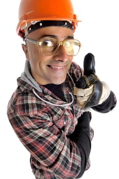 Constructor worker with big glasses isolated in white
