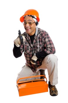 Constructor worker with big glasses isolated in white