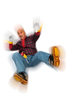 Construction worker falling isolated in white