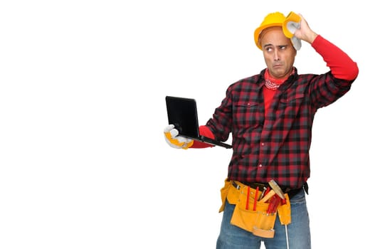 Confused construction worker with laptop isolated in white