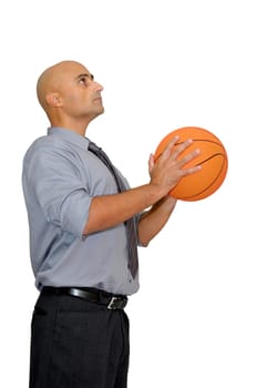 Businessman with basketball isolated in white