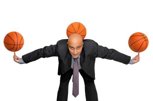 Businessman with several basketballs isolated in white