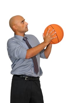 Businessman with basketball isolated in white