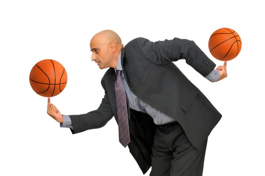 Businessman with several basketballs isolated in white