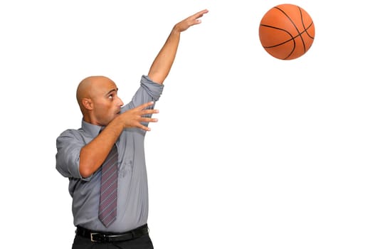 Businessman with basketball isolated in white