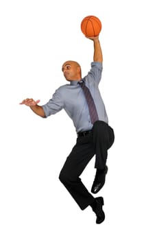 Businessman jumping with basketball for a dunk isolated in white