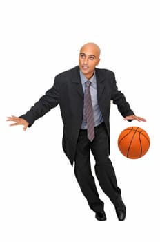 Businessman with basketball isolated in white