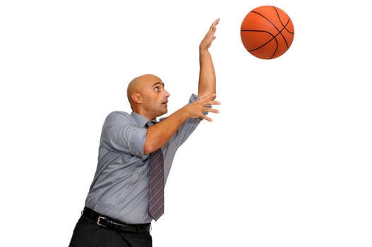 Businessman with basketball isolated in white