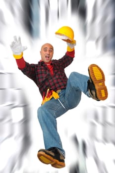 Construction worker falling isolated in white