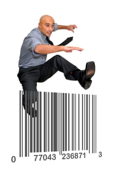 Businessman jumping over books isolated in white
