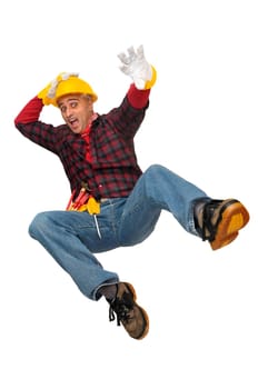 Construction worker falling isolated in white