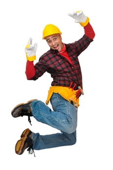 Happy construction worker jumping isolated in white