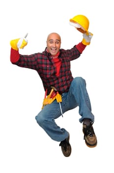 Happy construction worker jumping isolated in white