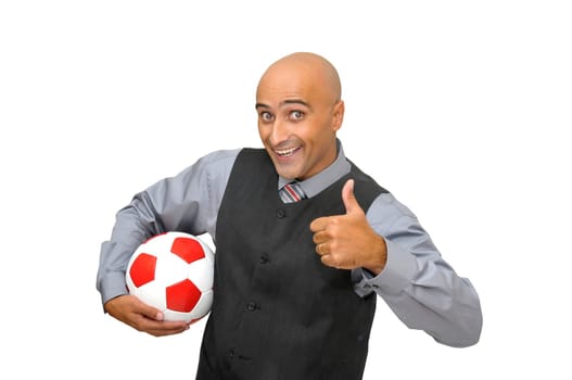 Businessman with a soccer ball isolated in white