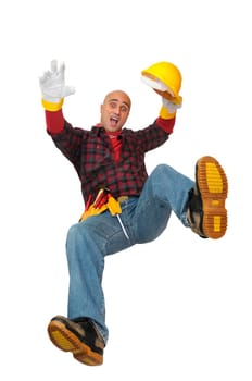 Construction worker falling isolated in white