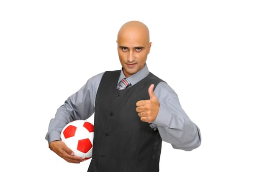 Businessman with a soccer ball isolated in white