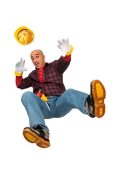 Construction worker falling isolated in white