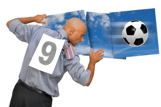 Businessman in a acrobatic pose with a soccer ball isolated in white with squares of sky in the background