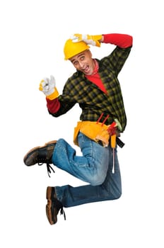 Happy construction worker jumping isolated in white