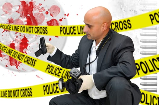 Police CSI investigator with a camera holding a bag with a gun