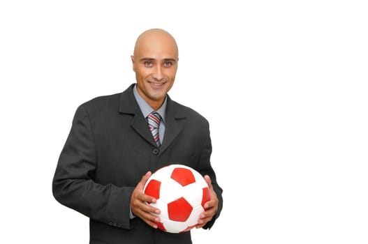 Businessman with a soccer ball isolated in white
