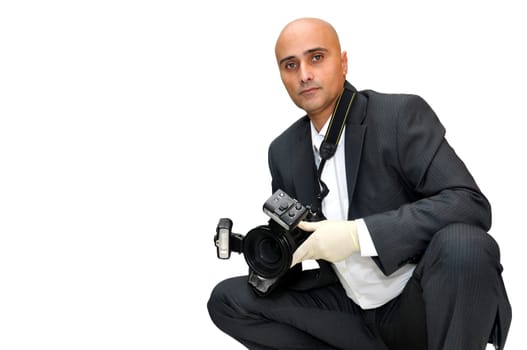 Police CSI investigator with gloves and camera