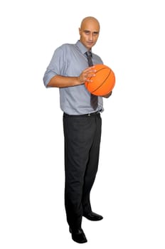 Businessman with basketball isolated in white