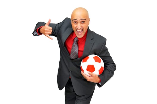 Businessman with soccer ball isolated in white