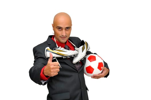 Businessman with soccer ball isolated in white