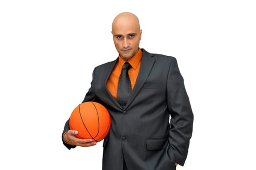 Businessman with basket ball isolated in white
