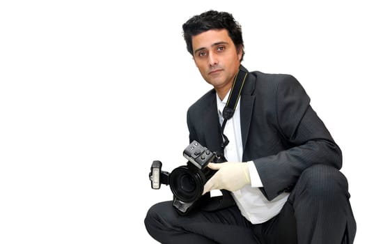 Police CSI investigator with gloves and camera