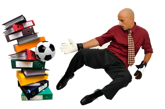 Businessman goalkeeper with gloves and ball in a goal made of files isolated in white