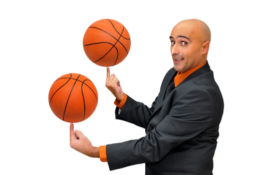 Businessman with basket ball isolated in white