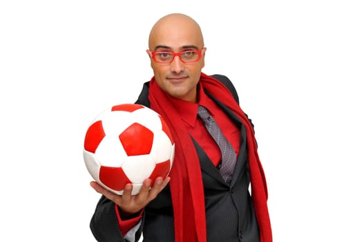 Businessman with soccer ball isolated in white