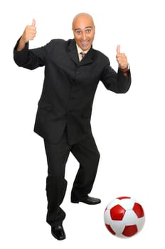 Businessmanwith a soccer ball isolated in white