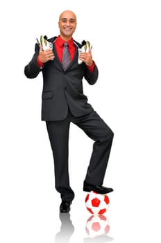 Businessman with a soccer ball isolated in white