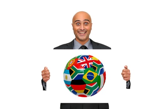 Businessman showing a card with a soccer ball made of flags and happy face isolated in white