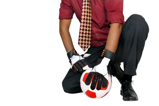 Businessman goalkeeper with gloves isolated in white