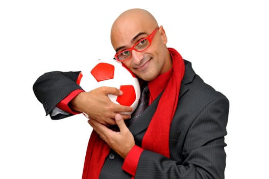 Businessman with soccer ball isolated in white