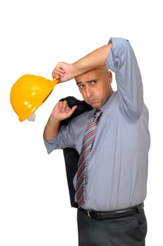 Tired engineer with hat isolated in white