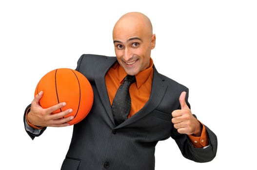 Businessman with basket ball isolated in white