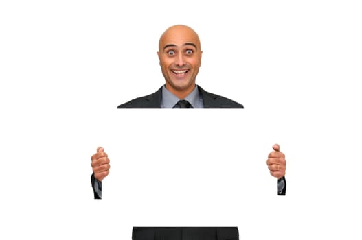 Businessman with blank card and happy face isolated in white
