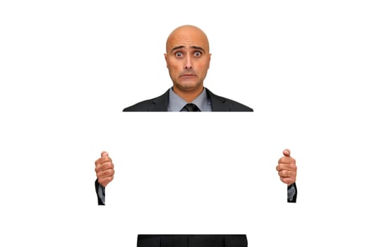 Businessman with blank card and sad face isolated in white