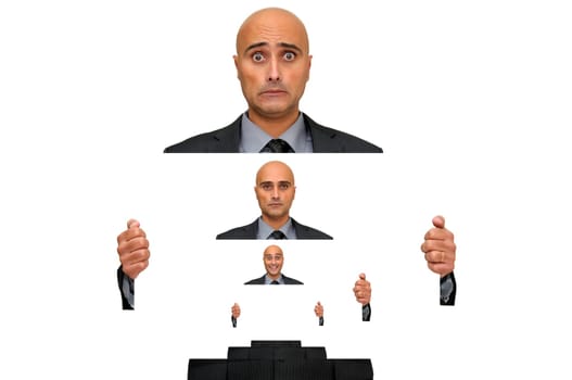 Businessman with a card from happy to sad faces isolated in white