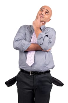 Man showing empty pockets and thinking about solutions