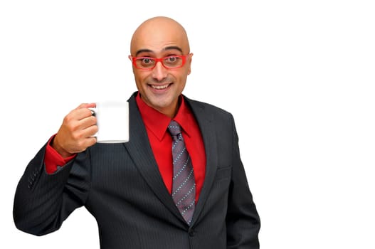 Businessman with a coffee mug isolated in white