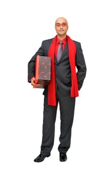 Businessman with gift isolated against a white background