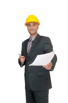 Engineer with contract isolated in white