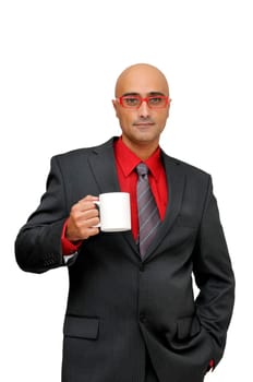 Businessman with a coffee mug isolated in white