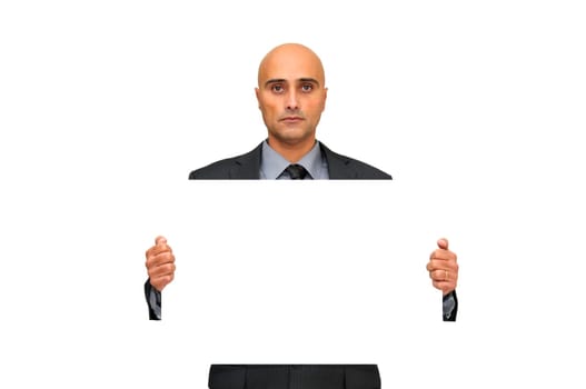 Businessman with blank card isolated in white